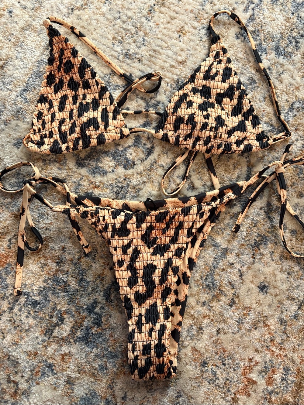 Leopard Smocked Triangle Bikini Set - Tan & Black